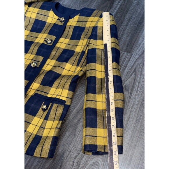 KASPER For ALS Vtg SKIRT SUIT In Mustard & Blue Plaid Size 6P w/Shoulder Pads - Picture 12 of 16